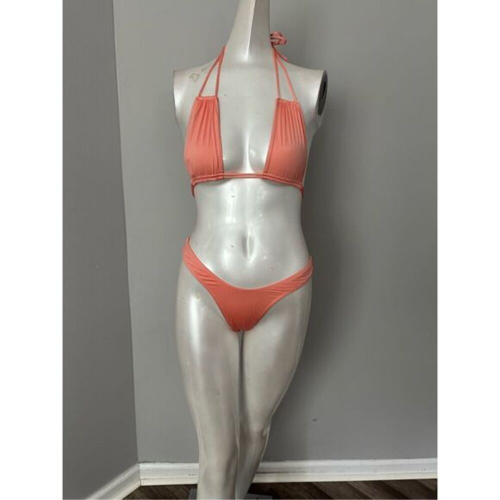 NWT Monica Hansen Beachwear Lurex Halter Bikini Top & Girl U Bottom Coral Small